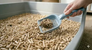 A hand using a plastic scoop to remove waste from an extra large grey litter tray filled with wood pellets.