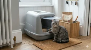 A cat sitting next to an open-fronted sifting litter tray showing the separation of wood pellet litter and a cleaning scoop.