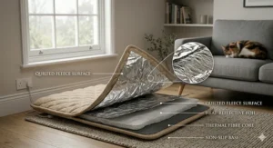 Cross-section diagram of a self-warming cat bed showing the heat-reflective foil layer.