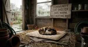 A self-warming thermal mat placed inside a weatherproof outdoor cat shelter for stray cats.