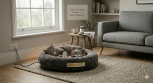 A senior cat resting comfortably on a heated bed to help soothe stiff joints during a cold UK winter.