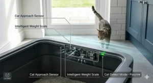 Infographic demonstrating infra-red safety sensors that stop the cleaning cycle when a cat approaches the tray.