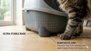 Close-up illustration of the reinforced, non-slip rubber feet on a large hooded litter tray, designed to prevent sliding when big cats exit.