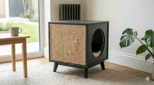 Alt text for image 8: A durable wooden indoor cat house with an integrated sisal scratch pad on the exterior side panel.