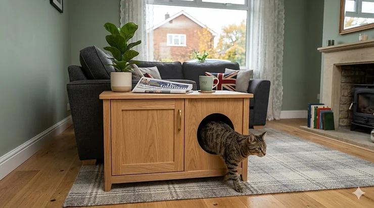 Stylish wooden cat litter tray enclosure blending into a modern living room interior. cat litter box furniture
