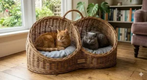 A double-decker eco-friendly wicker cat house for 2 cats with removable and washable fleece cushions.