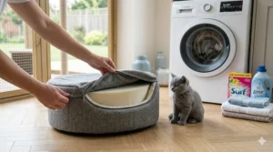 A high-detail photograph of the grey herringbone cat bed from the living room, showing hands removing the zipped cover for machine washing at 30 degrees Celsius in a UK utility room with a Bosch washing machine. A blue-grey British Shorthair kitten watches nearby.