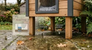 A close-up photorealistic view of a cat house with a pitched felt roof and sealed seams, designed to deflect heavy UK rainfall.