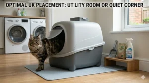 Home layout illustration showing the best quiet, accessible spots to place a large hooded litter tray for big cats in a British house.