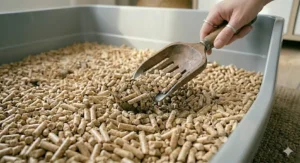 A hand using a wooden scoop to maintain an extra large litter tray, highlighting the ease of cleaning.