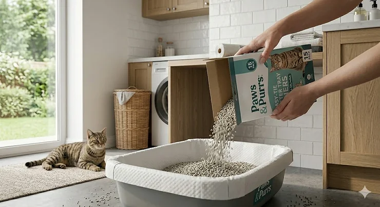 Pouring cat litter into a tray prepared with a protective liner. litter tray liners