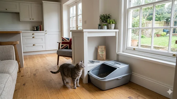 A fresh, clean cat litter tray in a modern, light-filled UK kitchen. cat litter deodoriser