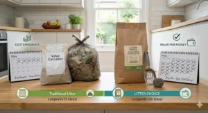 Alt text for image 6: A colourful graphic depicting two cats near their shared litter facilities, highlighting the durability of long lasting clumping cat litter for multi cat homes.