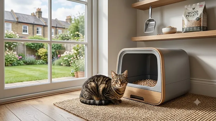 A modern, clean grey cat litter box placed on a soft woven rug in a bright, naturally lit British living room. litter box odour control