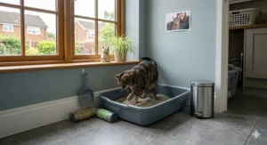 A modern, stylish cat litter tray positioned in a clean, contemporary home to demonstrate the best litter for odour control. litter for odour control