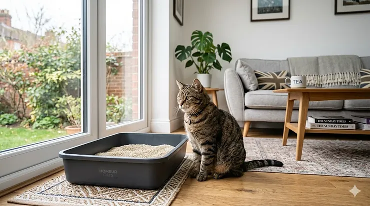 A tabby cat sitting calmly next to a dark grey litter tray filled with unscented cat litter in a modern, sunlit British living room. unscented cat litter