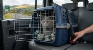 A large cat resting comfortably inside a hard carrier while travelling in the back seat of a car.