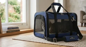 Close-up of breathable mesh windows on a soft-sided cat carrier, showing natural light and ventilation for travel.