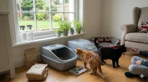 Two cats in a happy, clean environment near their litter trays in a family home.
