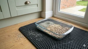 A high-angle shot showing various types of cat litter, including clumping and wood pellets, being trapped by the mat's design.