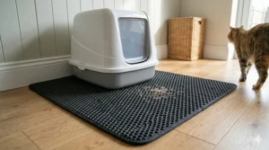 An enclosed cat litter box positioned on a hygienic, easy-to-clean mat to prevent tracking litter across the home.