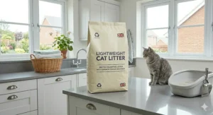 An illustration showing fresh-scented air molecules rising from a clean, filled litter tray.
