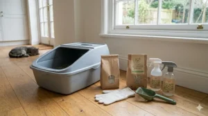 Using a pet-safe cat litter odour neutraliser spray to freshen the air.