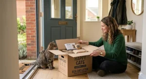 An unboxing view of a convenient cat litter subscription box arriving at the front door.