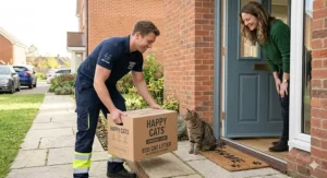 A delivery driver dropping off a heavy package of cat litter, highlighting the subscription delivery benefit.