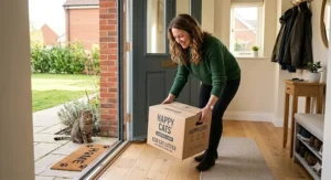 A happy cat sitting next to a branded eco-friendly cat litter subscription box delivered to a British home.