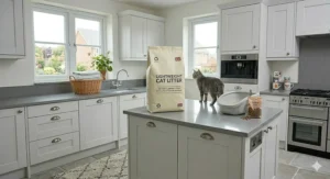 A litter mat placed under a tray to prevent tracking of lightweight cat litter granules.