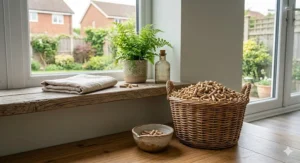 A photorealistic lifestyle image showing a wicker basket filled with wood pellets, an earthenware bowl, and a potted plant on a wooden windowsill in a utility room.