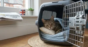 A cat resting comfortably inside a hard-sided carrier with a soft cushion base.