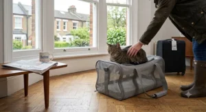 A cat resting on top of the closed collapsible carrier while a person pets them.