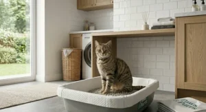 A cat standing in a clean litter tray lined with a plastic liner.