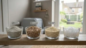 Four clear glass bowls containing different types of cat litter, each labelled for easy comparison.