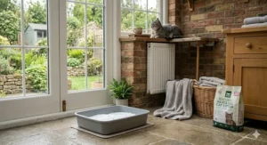 A bright, clean, and tidy litter tray environment, illustrating the effectiveness of silica gel maintenance.