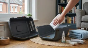 A cloth wiping down the smooth interior plastic surface of a hard-sided cat carrier.