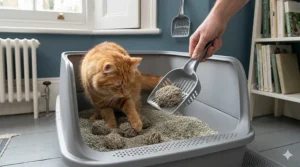 A high-detail close-up of a human hand using a sturdy metal scoop to lift a perfectly formed solid clump from a tray, demonstrating the strong clumping cat litter for multiple cats.