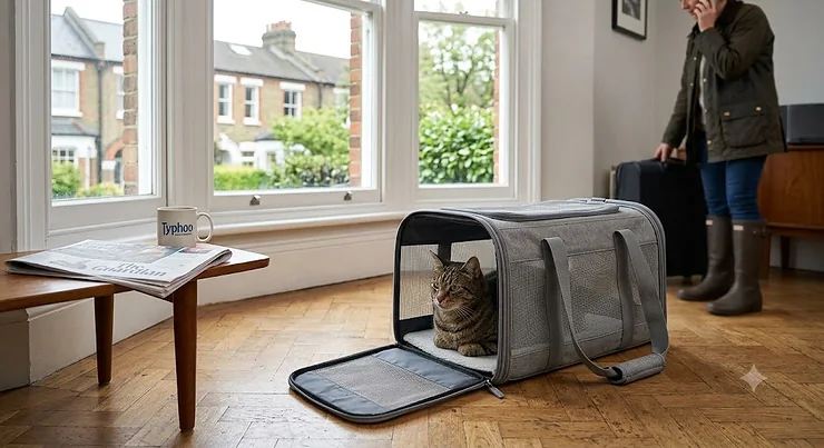 A tabby cat sitting inside a grey collapsible cat carrier in a bright, modern room. collapsible cat carrier