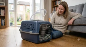 A cat relaxing inside a spacious hard carrier with extra room for comfort.