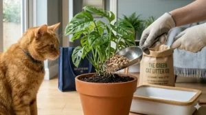 Illustrative guide showing how to dispose of biodegradable, eco-friendly cat litter safely.