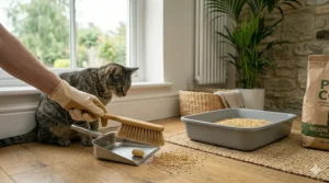 A cat standing near a fresh litter box, highlighting the superior odour control of corn-based granules.