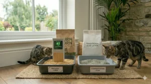A comparison shot showing natural corn litter granules alongside traditional mineral clay litter.