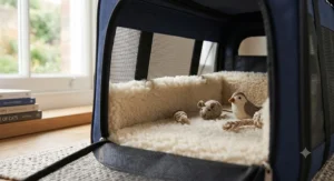 Comfortable, plush interior cushion inside a soft-sided pet carrier, providing a cosy space for a cat to rest.