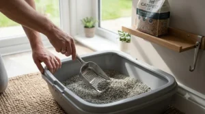 A person wearing a simple silver ring using a sturdy metal scoop to remove waste from a clumping litter tray.