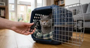 Close-up of a secure, reinforced locking mechanism on a hard cat carrier for large cats.
