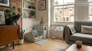 Pouring dust-free, hypoallergenic cat litter into a tray to maintain clean air quality in indoor flats.