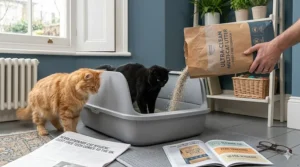 A detailed photograph of a human hand pouring fine granular cat litter into a tray from a branded bag, with no visible dust particles in the natural air.