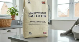 Someone pouring dust-free lightweight cat litter into a tray, showing the clean, mess-free process.